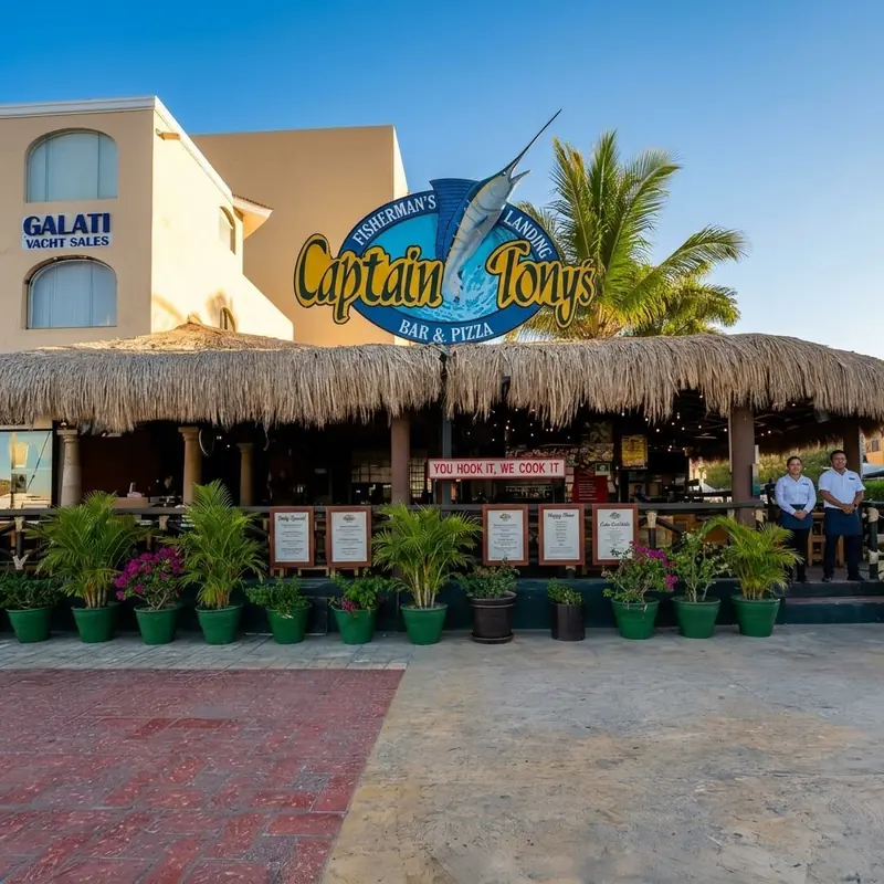 Fachada de Captain Tony's con su techo de palapa en el malecón de la marina