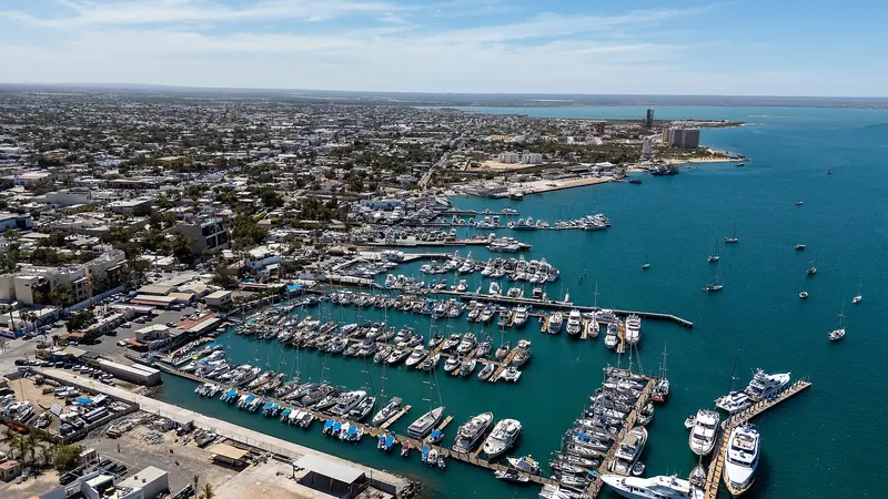Aerial view of the La Paz marina next to the malecón with yachts in their slips