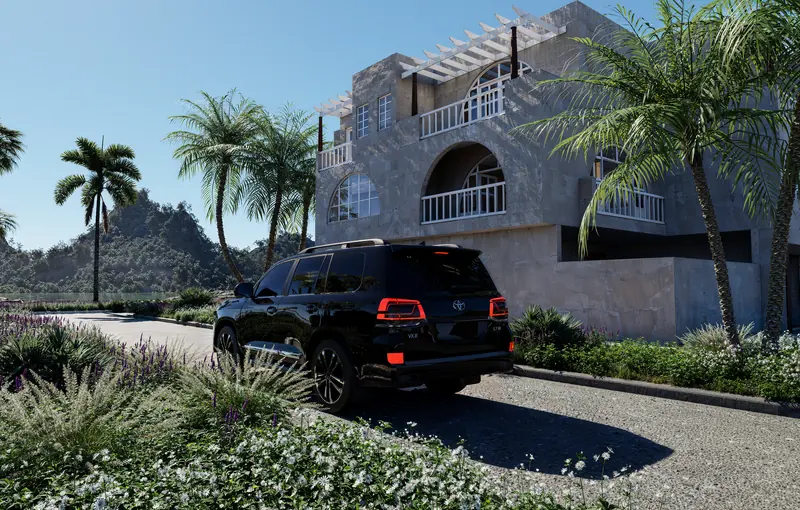 Black SUV parked among palm trees on a sunny day, ready for a hotel pickup
