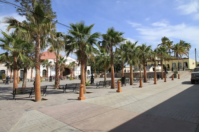 The main plaza in downtown Todos Santos with palms, benches and low buildings behind