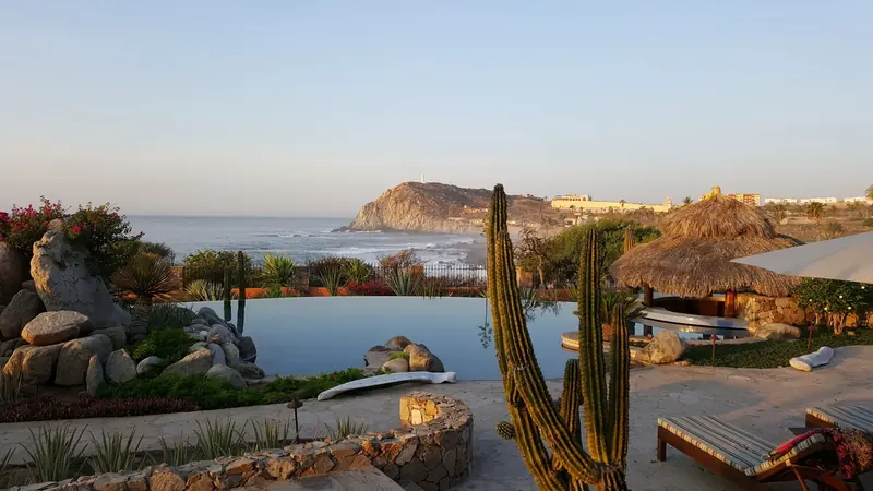 Infinity pool with cactus and desert plants above the sea at a resort at dawn