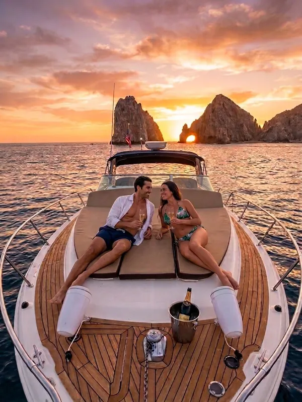 Couple toasting on the bow of a private yacht at sunset by the Arch of Cabo San Lucas