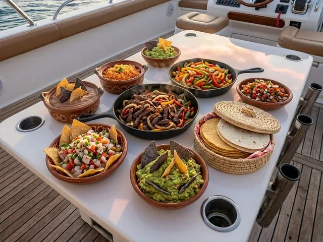 Mexican feast from the onboard menu with fajitas, guacamole, rice, beans and tortillas on a yacht table