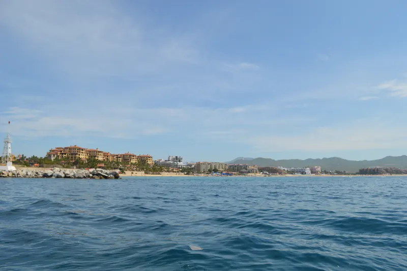Hotels along Médano Beach seen from the water, with the hills behind
