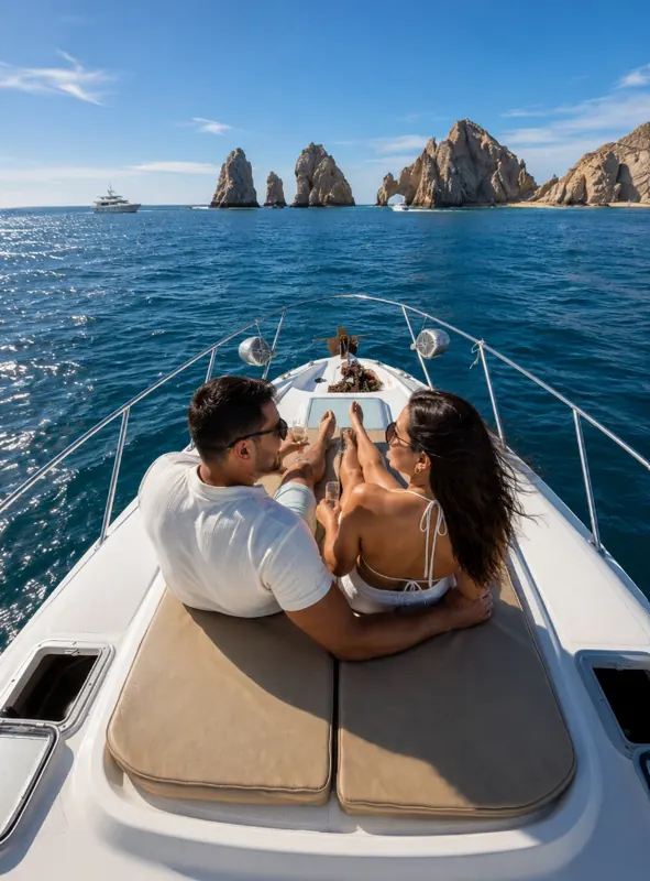 Couple lying on the bow sunpad of the Bayliner 33 facing the Arch