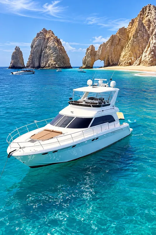 Sea Ray 55 at anchor off Lover's Beach with the Arch and Land's End behind