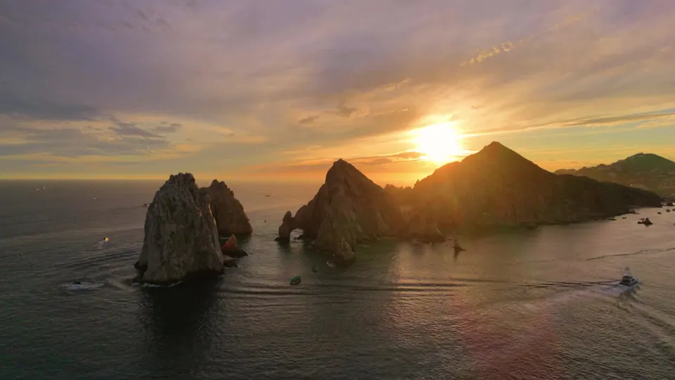 The Arch of Cabo San Lucas at sunset, seen from the air